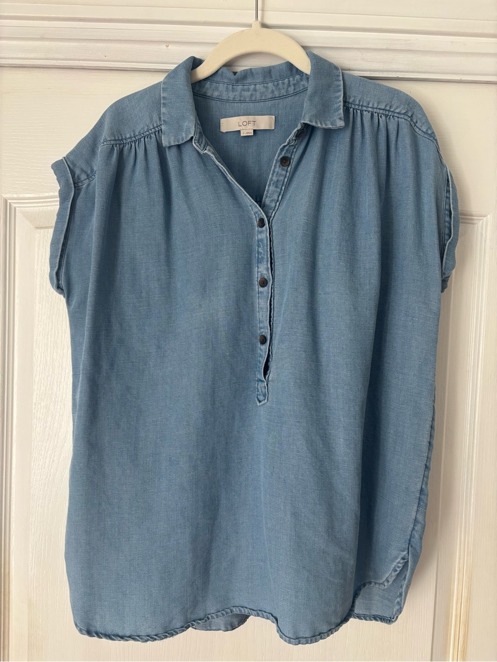 LOFT Light Chambray Half-Placket Short Sleeve Blouse